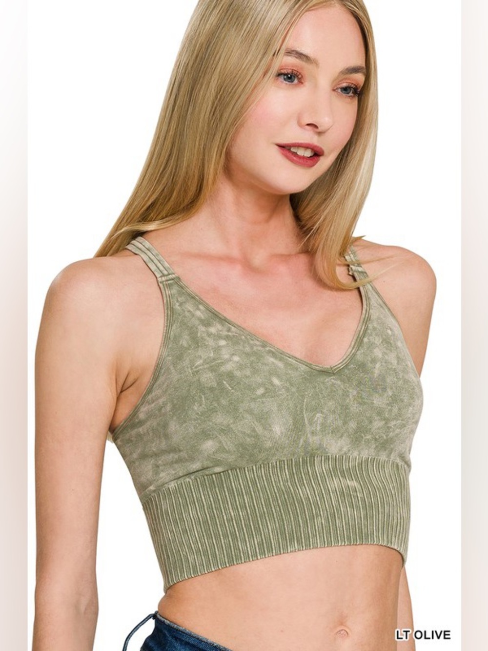 Zenana Crisscross Strap Back V Neck Brami - LT OLIVE
